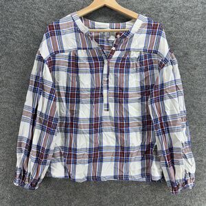 Every Moment Blouse Women M Medium White Plaid V-Neck 1/2 Button Long Sleeve
